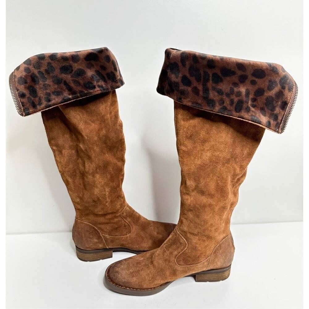 Born Malena‎ Tan Suede Leopard Print Cuff Tall Boots Back Zip 5.5M - Picture 2 of 9